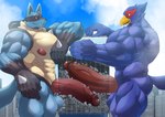 anthro beak big_pecs big_penis blue_body blue_fur bodily_fluids building building_penetrated building_sex double_penetration duo erection frottage fur genital_fluids genitals humanoid_genitalia humanoid_penis internal macro male male/male male_penetrating muscular muscular_male pecs penetration penile penis precum sex spines sharkinn nintendo pokemon star_fox falco_lombardi avian bird canid canine generation_4_pokemon lucario mammal pokemon_(species) absurd_res hi_res