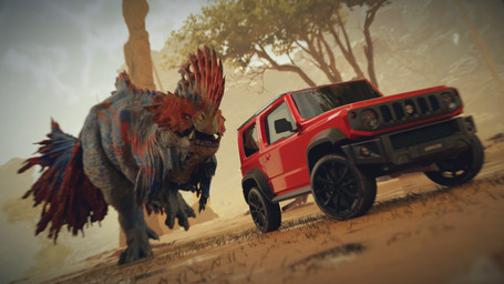 ambiguous_gender blue_body blue_scales car claws desert detailed_background fangs feral grass head_crest larger_ambiguous larger_feral motion_blur open_mouth outside plant pupils red_body red_car red_scales running scales size_difference slit_pupils solo tail teeth tongue tree vehicle yellow_eyes ivorylagiacrus blender_cycles capcom monster_hunter suzuki brute_wyvern quematrice scalie 16:9 2025 3d_(artwork) 4k absurd_res blender_(artwork) digital_media_(artwork) hi_res widescreen