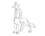 bottomless chest_tuft claws clothed clothing necktie rolled_up_sleeves shirt simple_background solo standing topwear tuft vest white_background beastbehavior beastars legoshi_(beastars) canid canid_taur canine canine_taur canis mammal mammal_taur taur wolf wolf_taur 2019 5:4 line_art monochrome