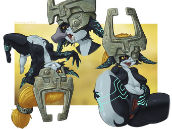 anus areola armor big_butt black_areola black_body black_nipples blonde_hair blue_markings blue_nails bodily_fluids breasts butt butt_from_the_front clothing colored_nails cum cum_in_mouth cum_inside disembodied_hand ears_down eyelashes female floating fused_shadow genital_fluids genitals grey_body hair half-spread_vulva hand_behind_head hand_in_mouth headgear headwear helmet humanoid_pointy_ears looking_at_viewer markings nails navel nipples nude one_eye_obstructed pivoted_ears pointy_ears ponytail red_anus red_eyes red_vulva saliva shortstack simple_background small_breasts smile snaggle_tooth solo spread_vulva spreading thick_thighs tongue tongue_out upside_down vulva white_background wide_hips yellow_background yellow_sclera noname_waffel nintendo the_legend_of_zelda twilight_princess midna humanoid imp twili 4:3 hi_res
