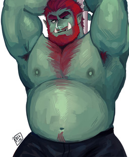 armpit_hair beard belly body_hair bottomwear clothing facial_hair male mature_male moobs navel nipples one_eye_closed overweight overweight_male pants simple_background solo white_background wink ruslorc humanoid orc 2020 hi_res