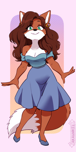 anthro bottomwear brown_hair clothed clothing ear_piercing ear_ring female footwear fur hair high_heels logo piercing red_body red_fur ring_piercing shirt shoes skirt solo tail text topwear akaunkel barkpark_girls diana_(barkpark_girls) canid canine canis fox mammal 1:2 digital_media_(artwork) hi_res signature