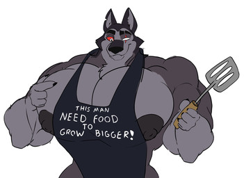 5_fingers anthro apron apron_only big_muscles big_pecs black_body black_fur clothing eye_scar eyebrows facial_scar fingers fur grey_body grey_fur male muscular muscular_male pecs pupils red_sclera scar simple_background solo spatula text text_on_apron text_on_clothing tools white_background white_eyes oleanderin hellaverse helluva_boss mythology vortex_(helluva_boss) canid canid_demon canine demon hellhound mammal mythological_canine mythological_creature 2026 english_text hi_res