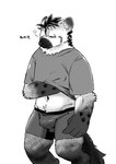 anthro bulge clothing ear_piercing eyes_closed fur hair male markings navel piercing solo spots spotted_body spotted_fur tired topwear underwear tobyou_222 arknights hypergryph studio_montagne spot_(arknights) hyena mammal spotted_hyena 2024 hi_res monochrome