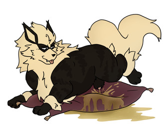 animal_genitalia animal_penis black_body black_fur bodily_fluids canine_genitalia canine_penis feral fur genital_fluids genitals lying male peeing penis pillow sheath simple_background solo tan_body tan_fur tongue tongue_out urine watersports white_background spikedcollar_(artist) nintendo pokemon arcanine generation_1_pokemon pokemon_(species) absurd_res hi_res