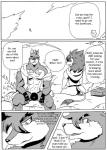 anthro bulge canid canine canis clothing comic dialogue digital_drawing_(artwork) digital_media_(artwork) duo english_text felid femboy greyscale hi_res jockstrap lion magic_user male mammal monochrome muscular pantherine profanity reagan700 text underwear wolf