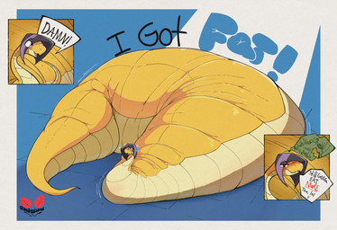 anthro apode belly big_belly black_hair female feral hair huge_belly hyper hyper_belly legless morbidly_obese morbidly_obese_female morbidly_obese_feral obese obese_female obese_feral overweight overweight_anthro overweight_female overweight_feral serpentine solo speech_bubble text yellow_body dasquished_(artist) ziti_(dasquished) draconcopode naga reptile scalie snake 2025 hi_res