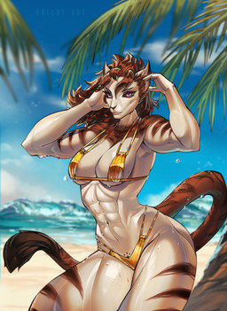 abs anthro beach biceps big_breasts bikini black_claws breasts claws clothing deltoids eyelashes female freckled_face freckles fur gold_bikini long_eyelashes muscular muscular_anthro muscular_female pecs pecs_with_breasts quads solo swimwear tail thick_thighs two-piece_swimsuit wet wet_body white_body white_fur wide_hips qrichy final_fantasy final_fantasy_xiv golden_week square_enix nikoleva felid hrothgar lion mammal pantherine tiger 2025 absurd_res hi_res huge_filesize