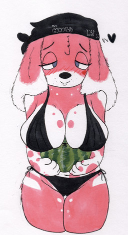 anthro big_breasts big_ears bikini blush blush_lines breasts clothing female floppy_ears food fruit fur kerchief looking_at_viewer melon pink_body pink_fur plant smile solo swimwear two-piece_swimsuit watermelon mootsncompany rose_(mootsncompany) beagle canid canine canis domestic_dog hunting_dog mammal scent_hound absurd_res hi_res sketch traditional_media_(artwork)