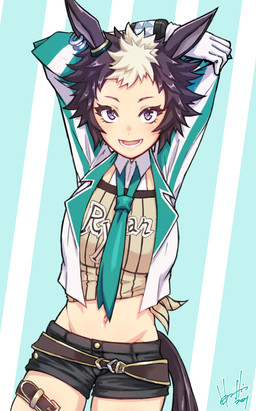 accessory black_hair bottomwear breasts clothing ear_piercing eyebrows eyelashes female gloves hair handwear jacket midriff multicolored_hair navel necktie open_mouth piercing purple_eyes shirt shorts smile solo topwear white_hair horishin cygames uma_musume_pretty_derby mejiro_ryan_(pretty_derby) animal_humanoid equid equid_humanoid equine equine_humanoid horse_humanoid humanoid mammal mammal_humanoid 2021 hi_res