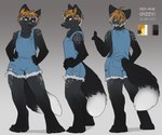 2016 4_toes 5_fingers anthro barefoot black_nose black_tail blue_clothing blue_overalls brown_hair canid canine clothing desi-mae_(theredhare) dipstick_tail english_text eyebrows feet female fingers fox fur gradient_background grey_body grey_fur hair half-closed_eyes hands_on_hips inner_ear_fluff jailbird mammal markings model_sheet narrowed_eyes overalls overalls_only shadow simple_background smile solo standing tail tail_markings text toes tuft white_tail yellow_eyes