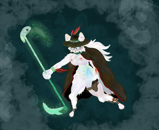 action_pose anthro breasts cactus_mccoy cactus_mccoy_2 cape clothing cosplay cowboy_hat digital_art_(artwork) feathers female fur genitals gloves glowing glowing_weapon handwear hat headgear headwear magic malana_mire melee_weapon nipples polearm pose pubes scythe scythe-polearm side_view smoke solo thick_thighs vulva weapon white_body white_fur wide_hips wristband neonhermit4444 boy_kisser_(meme) flipline_studios girlkisser silly_cat domestic_cat felid feline felis mammal absurd_res hi_res meme
