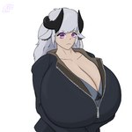 big_breasts black_horn bra bra_peek breasts cleavage clothed clothing female hair horizontal_pupils horn huge_breasts hyper hyper_breasts jacket partially_unzipped pink_eyes pupils solo topwear underwear white_hair xvii_(artist) bovid caprine horned_humanoid humanoid mammal 1:1 low_res