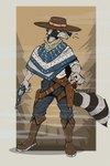 anthro boots clothed clothing cowboy cowboy_hat footwear gun handgun hat headgear headwear holster male poncho ranged_weapon revolver shoes simple_background solo standing weapon mawkvlt mammal procyonid raccoon 2:3 absurd_res hi_res