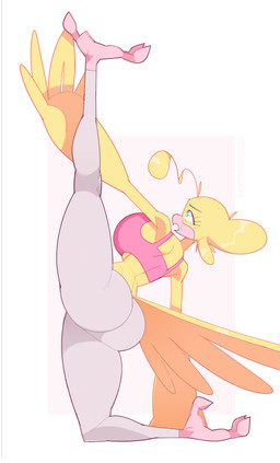 anthro barefoot beak big_breasts big_butt bottomwear bra breasts butt clothing eyelashes feather_hands feathered_tail feathers feet female flexible huge_breasts mature_anthro mature_female non-mammal_breasts pants pink_clothing pink_topwear raised_arm raised_leg solo splits sports_bra spread_legs spreading tail teal_eyes thick_thighs tight_bottomwear tight_clothing topwear underwear white_bottomwear white_clothing wide_hips yellow_body yellow_feathers yoga yoga_pants doodledox dee_(doodledox) avian bird canary finch oscine passerine hi_res