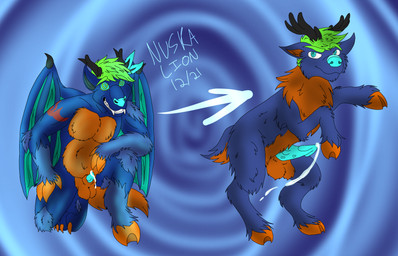 after_transformation animal_genitalia animal_penis anthro anthro_to_feral antlers arm_tattoo aroused balls before_and_after belly big_balls big_belly biped biped_to_quadruped black_antlers blue_body blue_eyes blue_fur blue_nose blue_skin bodily_fluids cervine_genitalia cervine_penis contextual_arrow cum cumshot directional_arrow dragon_wings ejaculation erection feral fur genital_fluids genitals green_hair hair head_tuft hoof_hands hooves horn hypnosis hypnotic_eyes male mane mane_hair mind_control orange_body orange_fur orgasm_from_transformation penis quadruped ringed_eyes scut_tail sequential_arrow sheath short_tail solo species_transformation tail tapering_penis tattoo transformation transformation_sequence tuft unguligrade wings nuskalion european_mythology mythology deer dragon mammal mythological_creature mythological_scalie new_world_deer reindeer scalie western_dragon absurd_res hi_res
