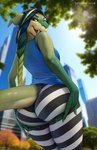 ambiguous_gender anthro biped butt butt_pose clothed clothing fingers fully_clothed green_body hair leggings legwear long_hair pose rear_view solo tail totesfleisch8 joyce_(totesfleisch8) reptile scalie hi_res