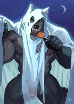 amber_eyes anthro balls barazoku bedsheet_ghost biceps candy casual_exposure claws clothing costume dessert fangs finger_claws flaccid food fur genitals ghost_costume grey_body grey_fur halloween_costume holding_candy holding_food holding_lollipop holding_object holidays humanoid_genitalia humanoid_penis lollipop looking_at_viewer male moon mostly_nude muscular muscular_anthro muscular_male night nipples open_mouth pawpads pecs penis quads red_penis sharp_teeth solo teeth tongue translucent translucent_clothing triceps radcanine halloween mythology nameless_character canid canine mammal mythological_canine mythological_creature werecanid werecanine werecreature werewolf 2025 hi_res portrait signature three-quarter_portrait