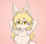 anthro blonde_hair clothing dress female fur hair hand_behind_head kemono pink_background simple_background solo white_body white_fur yellow_eyes kemonoyao sayu_(kemonoyao) canid canine fox mammal hi_res