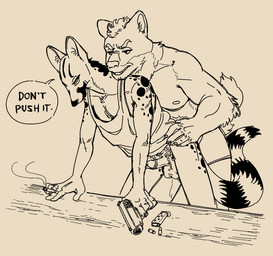 ambiguous_penetration anthro balls clothing duo from_behind_position genitals gun leaning leaning_forward male male/male penetration penis pubes ranged_weapon sex shirt skinny standing_doggystyle tail tank_top text topwear underwear weapon ganii benny_(lewdshibezone) chuff_(ganii) canid canine canis domestic_dog genet mammal viverrid hi_res