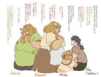 anthro arm_hug arm_scar big_breasts black_hair blue_eyes breasts brown_clothing brown_hair brown_shirt brown_topwear cheek_scar clothing facial_scar female female_anthro gesture green_clothing green_shirt green_topwear group hair hand_gesture heart_tail hug huge_breasts larger_anthro larger_female long_hair male male_human overweight scar shirt simple_background size_difference standing tail text thumbs_up topwear white_background sasanoha6011 eleanor_(sasanoha6011) nina_(sasanoha6011) wakaba_(sasanoha6011) domestic_pig human mammal suid suine sus_(pig) character_name japanese_text daughter_(lore) mother_(lore) mother_and_child_(lore) mother_and_daughter_(lore) parent_(lore) parent_and_child_(lore) parent_and_daughter_(lore)