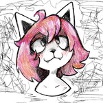 abstract_background anthro black_nose cowlick fangs female fur hair pink_hair scribbles smile solo teeth white_body white_fur laizd margaret_(laizd) domestic_cat felid feline felis mammal 1:1 headshot_portrait portrait