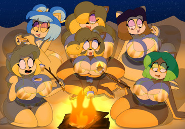 5_fingers accessory anthro beach big_breasts big_butt bikini bikini_bottom bikini_thong bikini_top blonde_hair blue_eyes blue_hair breasts butt campfire candy clothing curvy_figure dessert detailed_background eyelashes eyes_closed eyeshadow female fingers fire food fur gold_bikini gold_bikini_bottom gold_bikini_top gold_hair_tie green_eyes green_eyeshadow green_hair group hair hair_accessory hair_over_eye hair_tie huge_breasts huge_hips huge_thighs lipstick long_hair makeup markings marshmallow mole_(marking) motion_lines multicolored_body multicolored_fur night open_mouth orange_body orange_fur outside pink_eyeshadow ponytail purple_eyes purple_eyeshadow purple_hair purple_lipstick red_lipstick roasted_marshmallows roasting_marshmallow s'more sand sky smile star starry_sky stick swimwear tan_body tan_fur thick_thighs tongue two-piece_swimsuit two_tone_body two_tone_fur voluptuous voluptuous_anthro voluptuous_female wide_hipped_anthro wide_hipped_female wide_hips 3barts activision crash_bandicoot_(series) crash_team_racing_(series) crash_team_racing_nitro-fueled ami_bandicoot coco_bandicoot isabella_bandicoot liz_bandicoot megumi_bandicoot nitro_squad tawna_bandicoot bandicoot mammal marsupial 2026 absurd_res comic digital_drawing_(artwork) digital_media_(artwork) hi_res