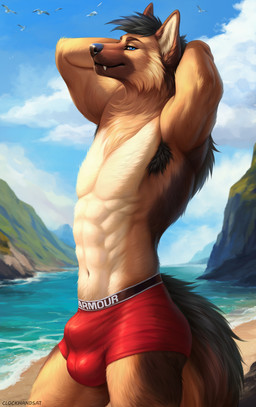 abs anthro armpit_hair athletic beach biped black_hair blue_eyes body_hair boxer_briefs boxer_briefs_only brown_body brown_fur bulge clothed clothed_anthro clothed_male clothing cloud countershade_fur countershade_torso countershading day detailed_bulge fur grey_body grey_fur hair hand_behind_head hands_behind_head male male_anthro muscular navel outside pose raised_arm raised_arms sand serratus sky slim solo standing teeth topless underwear underwear_only v-cut water clockhands under_armour canid canine canis domestic_dog german_shepherd herding_dog mammal pastoral_dog 2025 digital_drawing_(artwork) digital_media_(artwork) hi_res