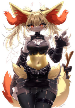 anthro armwear blonde_hair blush blush_lines bow_ribbon breasts claws clothing eyebrow_through_hair eyebrows eyelashes eyelashes_through_hair fangs female fur hair inner_ear_fluff legwear looking_at_viewer medium_breasts multicolored_body narrowed_eyes navel orange_body orange_eyes orange_fur simple_background solo stick tail teeth translucent translucent_hair tuft white_body white_fur yellow_body yellow_fur maimoonrabbit nintendo pokemon braixen canid canine generation_6_pokemon mammal pokemon_(species) 2025 signature