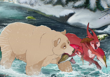 ambiguous_gender blue_eyes brown_body brown_fur countershade_fur countershade_torso countershading duo feral front_view fur one_eye_closed orange_eyes outside plant quadruped red_body red_fur salmon_(food) snow tree water winter angellsview3 conditional_dnp angell_(angellsview3) aquatic bear canid canine fish fox mammal 2025 digital_drawing_(artwork) digital_media_(artwork) hi_res female_(lore)