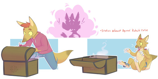 anthro bottomwear brown_body brown_scales clothing gameplay_mechanics hair hoodie magic male nude pants pink_clothing pink_hoodie pink_topwear scales shrinking simple_background size_transformation smile solo species_transformation surprised tail text topwear torn_clothing transformation trap_(contrivance) treasure_chest fauvfox fauv_(fauvfox) canid canine fox kobold mammal scalie 2021 absurd_res digital_media_(artwork) english_text hi_res