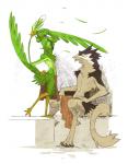 anthro bottomwear clothing dancing digitigrade duo feathers green_body green_feathers loincloth male sitting size_difference tail undressing lingrimm lime_ade avian mammal nevrean sergal