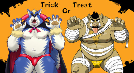 anthro belly bulge clothing costume duo halloween_costume holidays humanoid_hands kemono male moobs mummy_costume mummy_wrappings nipples overweight overweight_male tongue tongue_out underwear vampire_costume chuuta_(pixiv) halloween canid canine canis mammal suid suine sus_(pig) wild_boar wolf 2015