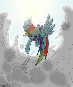 blue_body blue_feathers blue_fur cloud detailed_background feathered_wings feathers female feral flying fur hair multicolored_hair multicolored_tail outside pink_eyes rainbow_hair rainbow_tail sky solo sun tail toony wings no-ink friendship_is_magic hasbro my_little_pony mythology rainbow_dash_(mlp) equid equine mammal mythological_creature mythological_equine pegasus