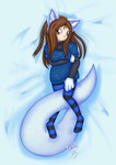 5_fingers anthro arm_under_breasts bed_sheet bedding black_undershirt blue_clothing blue_ears blue_sweater blue_tail blue_topwear brown_eyes brown_hair clothing dakimakura female fingers fluffy fluffy_tail fur hair hand_on_leg hand_on_thigh handpaw legwear long_hair looking_at_viewer pattern_clothing pattern_legwear pattern_stockings paws shirt solo starry_clothing stockings striped_clothing striped_legwear striped_stockings stripes sweater tail tan_body tan_fur topwear undershirt white_bed_sheet yukikosnowflake_(artist) yukiko_snowflake_(character) canid canine canis mammal wolf absurd_res dakimakura_design digital_drawing_(artwork) digital_media_(artwork) hi_res