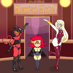 1_eye blush blush_stickers bottomwear bracelet breasts clothed clothing female footwear genitals gloves group handwear heart_eyes heart_symbol horn jewelry latex latex_clothing latex_gloves latex_handwear latex_legwear latex_stockings legwear lipstick makeup nipples no_underwear not_furry parody sharp_teeth skirt socks stockings tattoo teeth thick_thighs vulva heavenflower hazbin_hotel hellaverse helluva_boss charlie_morningstar millie_(helluva_boss) niffty_(hazbin_hotel) cyclops demon humanoid 1:1 hi_res