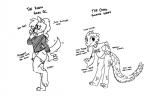 anthro barefoot bottomwear breasts clothing denim denim_clothing eyewear feet female fur glasses hair shorts text tongue tongue_out hijackerdraws virgin_vs._chad chadeline virginia_(hijackerdraws) canid canine canis domestic_dog lizard mammal reptile scalie black_and_white english_text meme monochrome