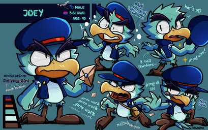 4_fingers anthro bag beak bisexual_pride_colors blue_body blue_feathers bodily_fluids bottomless bottomless_anthro bottomless_male brown_eyes clothed clothing delivery_(commerce) delivery_employee dialogue eyebrows feathers feet fingers flustered gesture green_body green_feathers hand_gesture jacket lgbt_pride looking_at_viewer male paper pointing postal_carrier postal_delivery pride_colors sitting smoking_pipe solo standing sweat tail tail_feathers talons text thick_eyebrows toes tongue topwear yellow_beak conditional_dnp kazoko_(artist) joey_the_delivery_bird avian bird alternate_version_at_source english_text hi_res model_sheet multiple_images