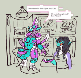 anthro clothing cybernetics duo female female/female genitals gynomorph intersex machine maid_cafe maid_uniform penis public public_exposure uniform woodhouse3d chucklefish starbound alien amphibian cyborg fish frog hylotl marine robot hi_res trans_(lore) trans_woman_(lore)