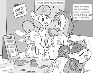 animal_genitalia animal_vulva anus bathroom bodily_fluids butt cutie_mark dialogue enjoying_the_go equine_genitalia equine_vulva eyes_closed fart feces feces_pile female female_peeing female_pooping feral fur genital_fluids genitals group hair hooves horn misunderstanding open_mouth out_of_order peeing peeing_on_ground peeing_together pooping pooping_on_floor pooping_together public public_restroom public_urination raised_tail scatplay sign speech_bubble tail text trio unicorn_horn urine urine_on_ground urine_pool urine_stream vulva watersports dendollae hasbro my_little_pony equid equine horse mammal pony artist_name english_text monochrome