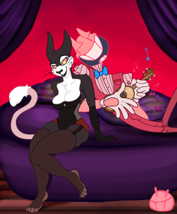4_toes 5_fingers absolute_territory anthro arm_tuft armwear backless_gloves bed biped black_armwear black_body black_clothing black_fur black_nose bottomwear bow_(feature) bow_tie breasts brown_clothing brown_legwear bustier cheek_tuft chest_tuft cleavage clothed clothing collarbone countershade_face countershade_torso countershading curtains duo elbow_gloves eye_contact facial_tuft feet female fingers fur furniture garter_belt garter_straps gloves hairless half-closed_eyes handwear holding_musical_instrument holding_object humanoid_feet humanoid_hands humanoid_on_anthro legwear lingerie looking_at_another looking_back lute lying male male/female medium_breasts multicolored_body multicolored_fur musical_instrument musical_note musical_symbol narrow_hips narrowed_eyes on_bed on_side open_mouth open_smile orange_eyes pants pink_body pink_bottomwear pink_clothing pink_skin pink_topwear plantigrade playing_music plucked_string_instrument shoulder_tuft singing sitting skimpy slim small_waist smile stockings string_instrument sweater sweater_vest symbol tail tail_tuft thick_thighs thigh_highs thin_calves thin_thighs toes topwear translucent translucent_clothing tuft two_tone_body two_tone_fur ukulele vest whiskers white_body white_countershading white_fur wide_hips yellow_sclera ryarik sir.smiley domestic_cat felid feline felis humanoid mammal 2015 digital_drawing_(artwork) digital_media_(artwork) hi_res watermark