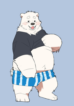 anthro black_nose blush clothed clothing clothing_lift fur kemono male open_mouth overweight overweight_male shirt shirt_lift simple_background solo standing topwear underwear undressing white_body white_fur inunoshippo bear mammal polar_bear ursine 2026 absurd_res hi_res