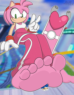 5_toes anthro duo extreme_size_difference feet female foot_fetish foot_focus foot_play gesture hand_gesture looking_at_viewer low-angle_view macro male male/female micro size_difference soles toes underfoot v_sign burtreex sega sonic_the_hedgehog_(series) amy_rose sonic_the_hedgehog absurd_res hi_res