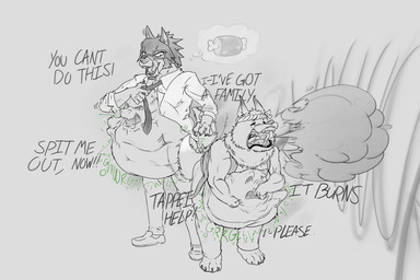 belly big_belly bodily_fluids burp_cloud burping clothing collared_shirt digestion digestion_noises dress_shirt drooling emanata fatal_vore hand_on_belly hunched_over imminent_death imprint licking licking_lips loosening_tie meat_on_bone necktie onomatopoeia oral_vore reaching_towards_another saliva shirt sound_effects text thought_bubble tongue tongue_out topwear unbuttoned unwilling_prey vore nommsalotl morenatsu mythology botan_akagane mitsuhisa_aotsuki tappei_(morenatsu) tetsuya_inoue canid canine canis dragon fox mammal mythological_creature mythological_scalie scalie suid suine sus_(pig) wild_boar wolf 3:2 absurd_res english_text hi_res