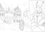 anthro black_and_white carriage choker clothing cloud crown deer digital_drawing_(artwork) digital_media_(artwork) dress fantasy female hand_fan headgear jewelry lunarez mammal monochrome necklace palace royalty sitting solo story story_at_source story_in_description tiara