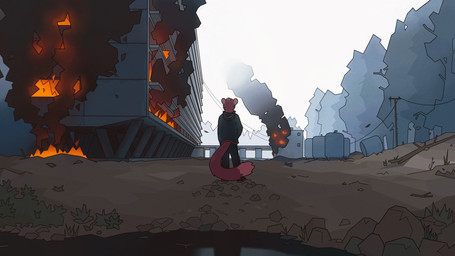 anthro architecture biped bottomwear brutalist_architecture building clothing fire fog footwear forest fur hoodie male outside pants plant purple_body purple_fur shoes sky smoke solo standing topwear tree wind nule gulonine mammal marten mustelid musteline pine_marten 16:9 digital_media_(artwork) hi_res widescreen