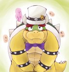 anthro biped blush bow_tie clothing hat headgear headwear kemono male slightly_chubby solo text top_hat white_clothing white_hat white_headwear snow_utamaru mario_bros nintendo the_super_mario_bros_movie bowser koopa scalie 2023 hi_res japanese_text