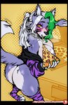 anthro areola big_breasts big_butt biped blush bodily_fluids breasts butt clothing collar container digitigrade ear_piercing ear_ring eating eating_food female food fur hair heart_eyes heart_symbol legwear long_hair looking_at_viewer nipples patreon_logo piercing pizza pizza_box pizza_slice purple_areola purple_body purple_fur purple_nipples ring_piercing smile solo spiked_collar spikes stuffed_crust_pizza sweat text thigh_highs website_logo white_body white_fur yellow_eyes avante92 five_nights_at_freddy's five_nights_at_freddy's:_security_breach patreon scottgames steel_wool_studios roxanne_wolf canid canine canis mammal wolf 2022 absurd_res digital_media_(artwork) hi_res url