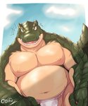 anthro asian_clothing barazoku belly blue_sky clothing cloud east_asian_clothing fundoshi green_body green_eyes green_scales japanese_clothing male musclegut muscular navel nipples one_eye_closed open_mouth open_smile pecs scales sky smile solo teeth underwear white_clothing white_underwear wink bon_donuts overlord_(series) zenberu_gugu lizardman lizardman_(overlord) reptile scalie 5:6 hi_res