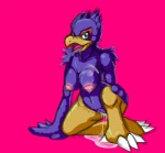 anthro beak biped blue_body blue_feathers bodily_fluids breasts crossgender cum feathers female genital_fluids genitals kneeling nipples non-mammal_breasts non-mammal_nipples pussy solo kaivolate raptorkou nintendo star_fox falco_lombardi avian bird sketch